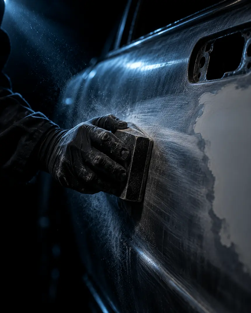 A gloved hand working a sanding block across a bare metal door panel