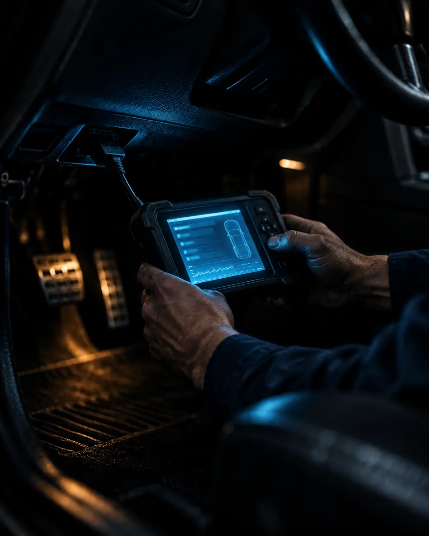 A diagnostic scan tool plugged in beneath a car dashboard, its screen lit in the dark