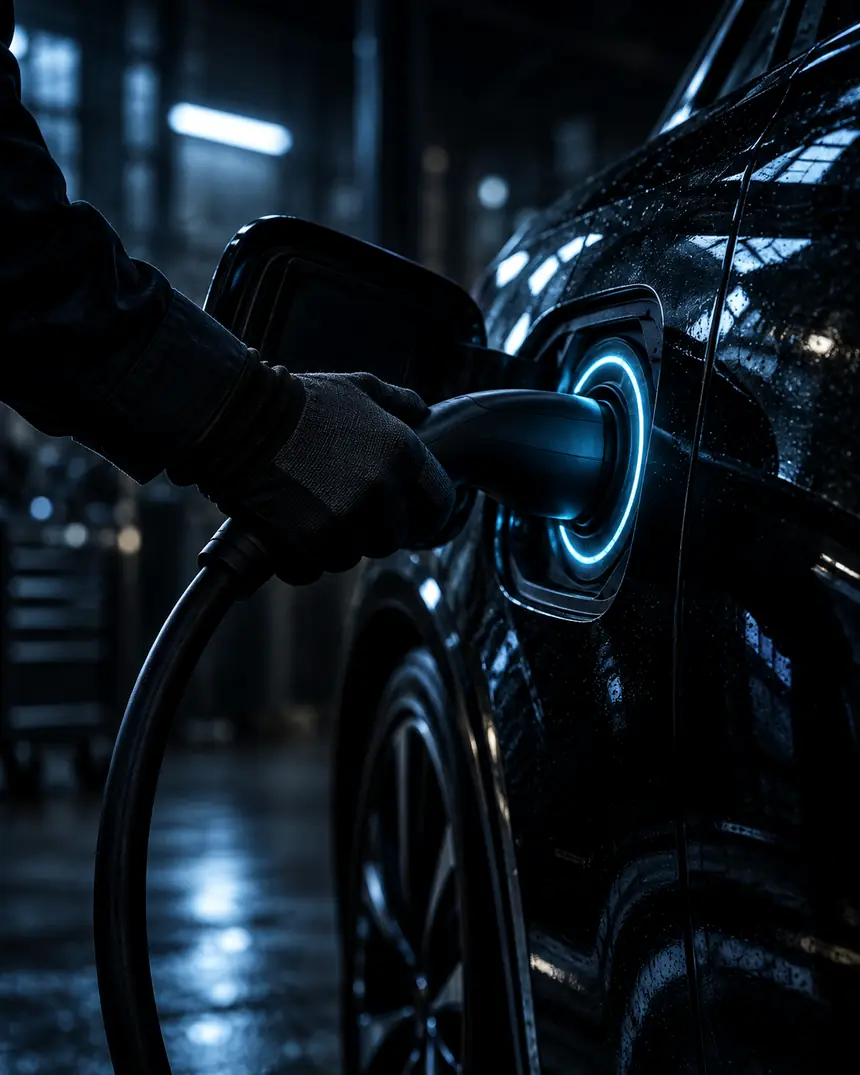 A charging connector being inserted into an electric car's charge port