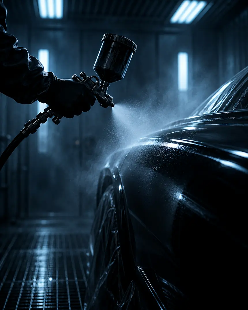 A spray gun laying colour across a car body panel inside a paint booth